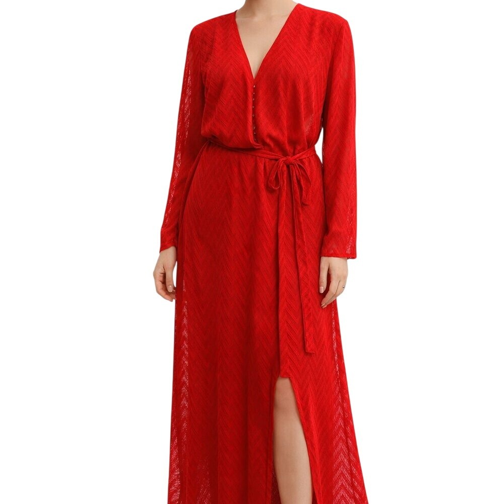 HM Red Chevron Textured Maxi Dress Long Sleeve V-Neck Tassel Belt Size 12